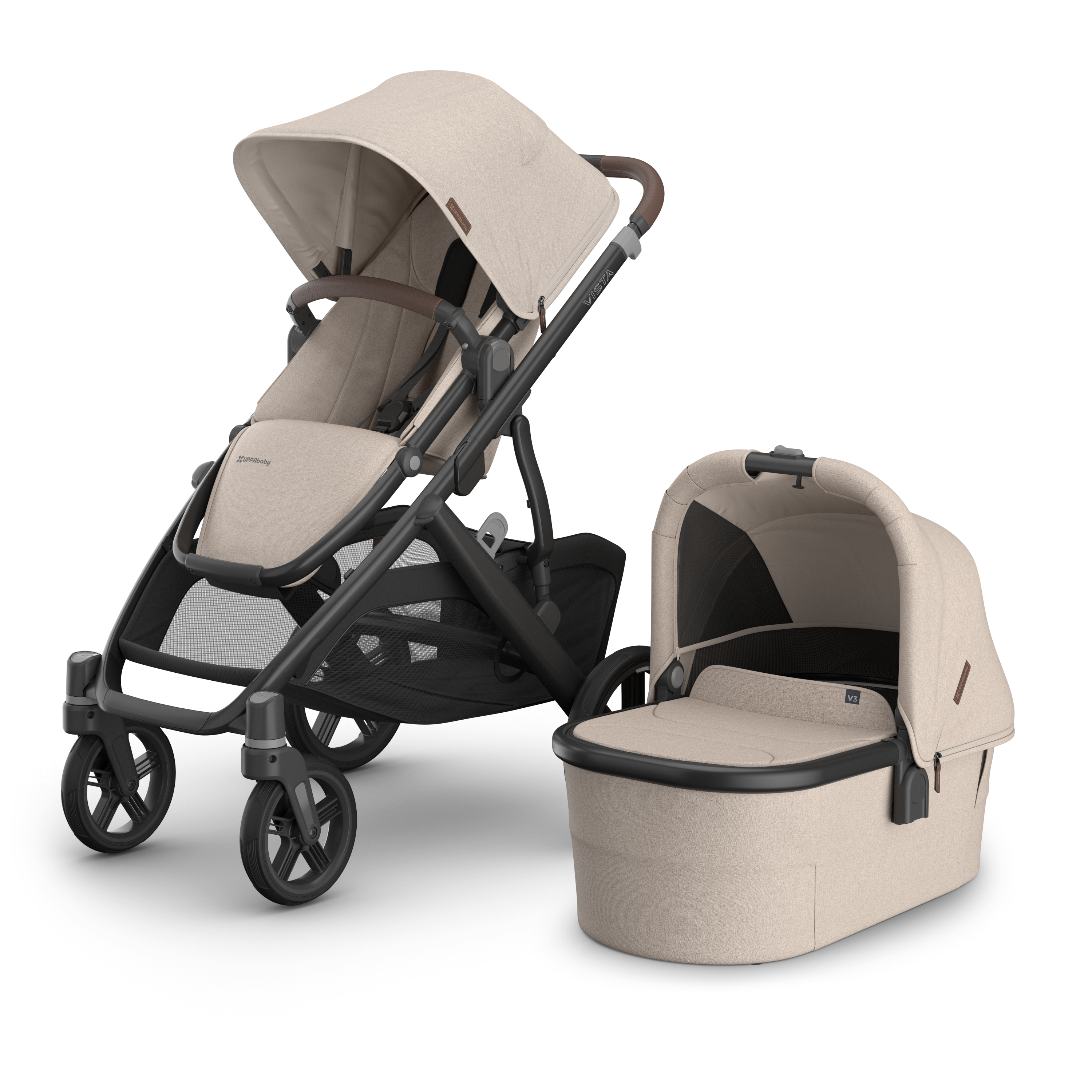 UPPAbaby Vista V3 Stroller Ada Sandstone Mélange Carbon Frame Chestnut Leather