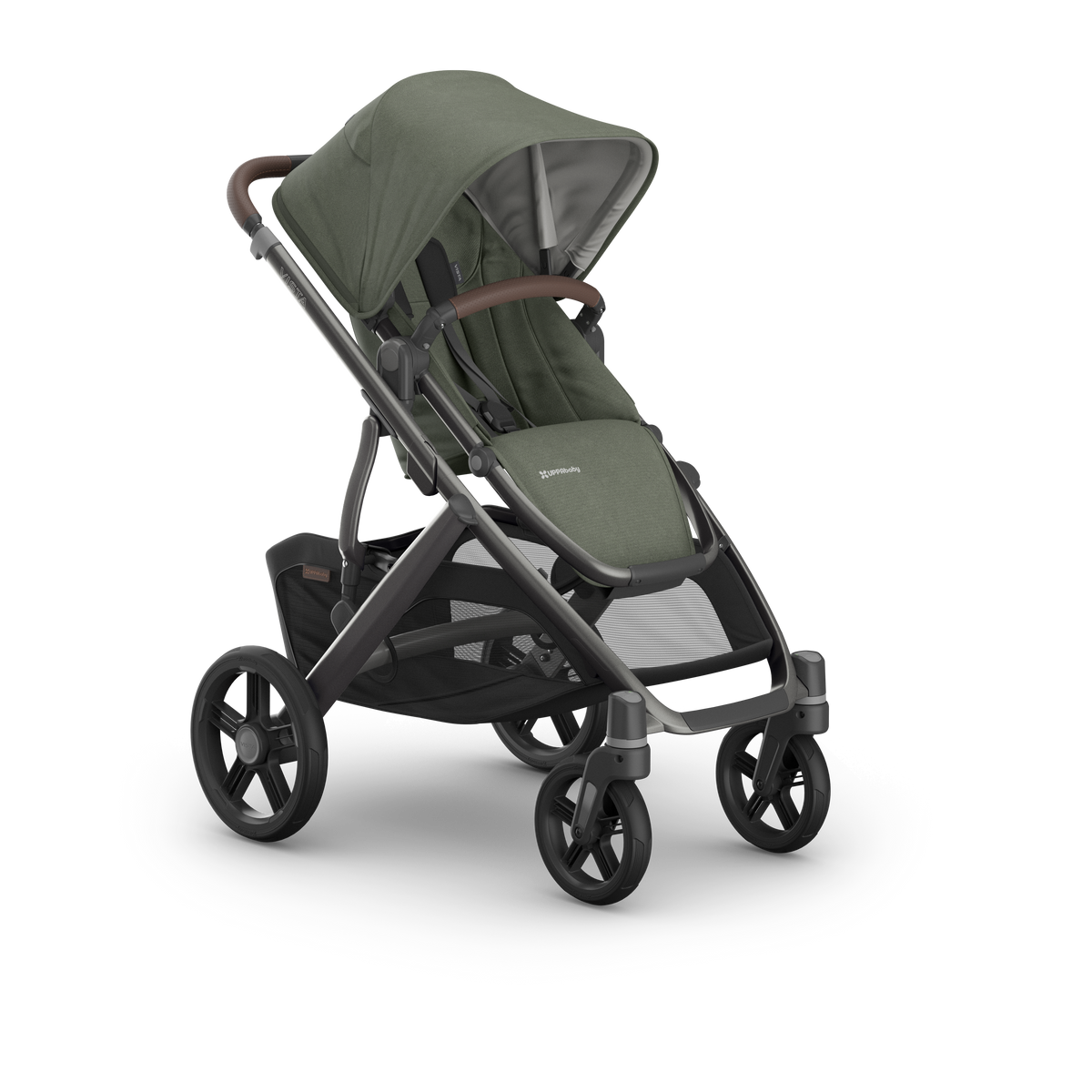 UPPAbaby Vista V3 Stroller Evelyn Meadow Green Graphite Frame Chestnut Leather
