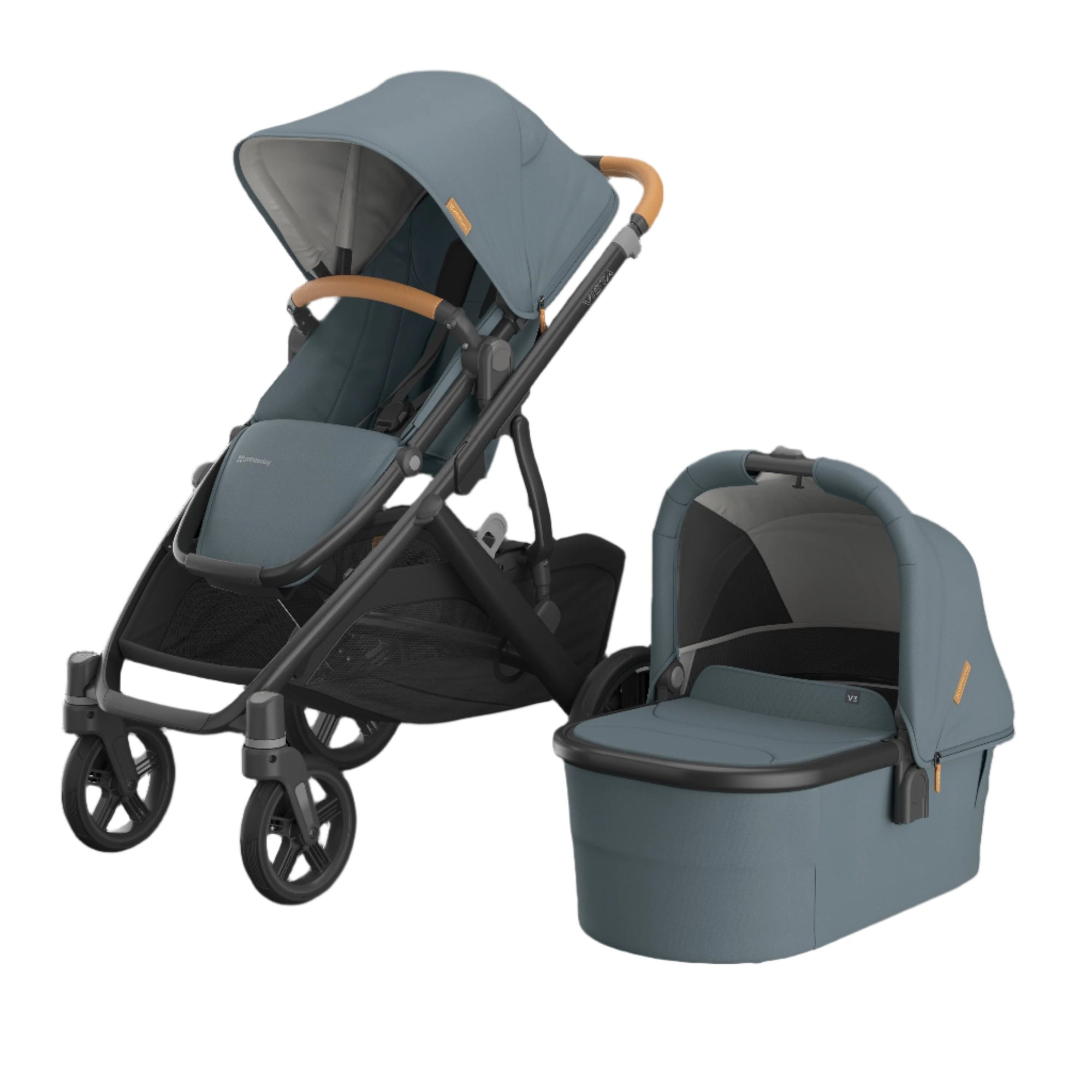 UPPAbaby Vista V3 Stroller Dillan Stone BlueCarbon Frame Sand Leather