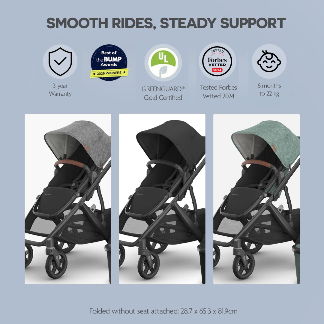 UPPAbaby Vista V3 Stroller Dillan Stone BlueCarbon Frame Sand Leather