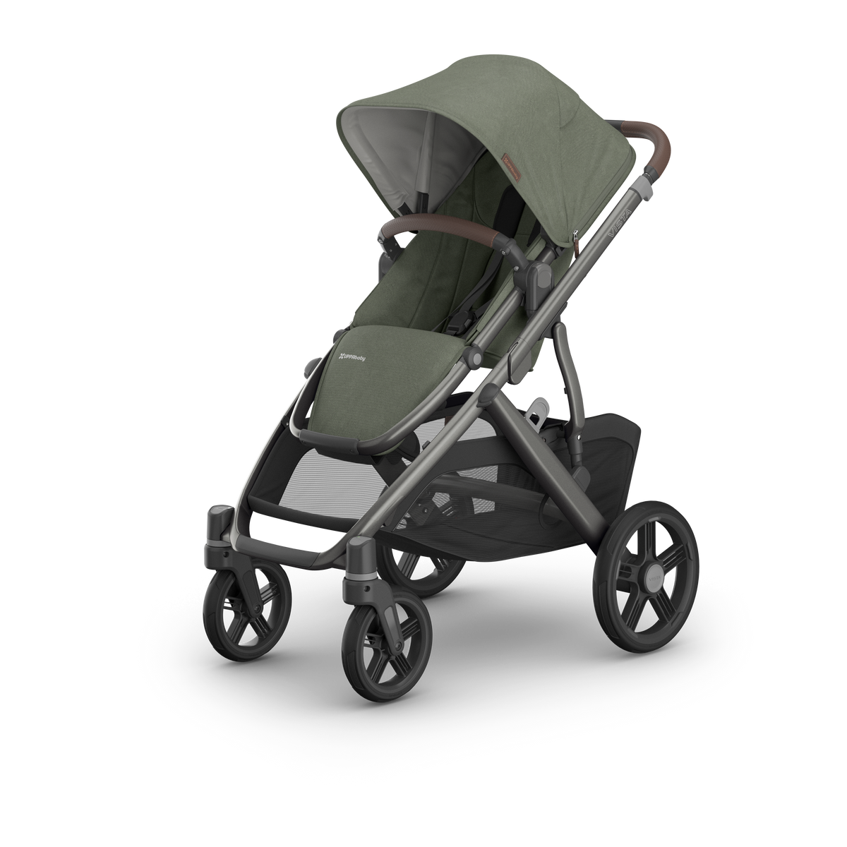 UPPAbaby Vista V3 Stroller Evelyn Meadow Green Graphite Frame Chestnut Leather