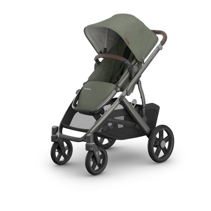 UPPAbaby Vista V3 Stroller Evelyn Meadow Green Graphite Frame Chestnut Leather