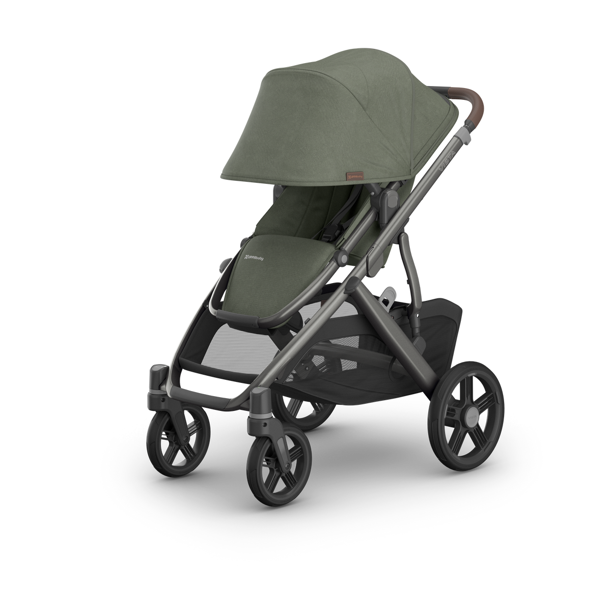 UPPAbaby Vista V3 Stroller Evelyn Meadow Green Graphite Frame Chestnut Leather