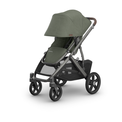 UPPAbaby Vista V3 Stroller Evelyn Meadow Green Graphite Frame Chestnut Leather