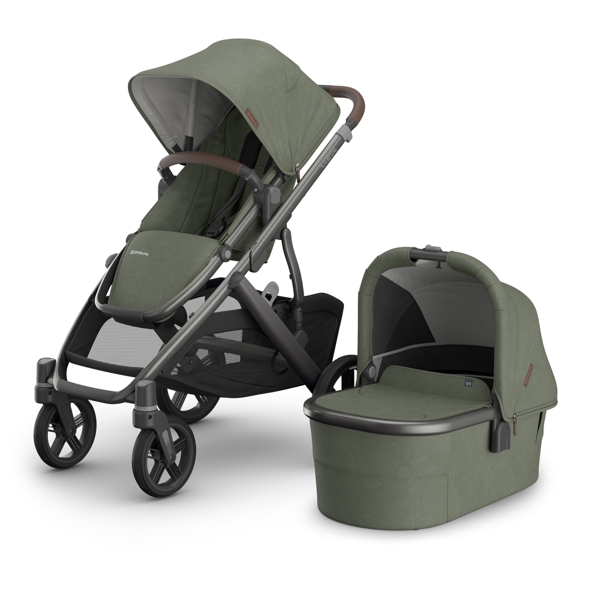 UPPAbaby Vista V3 Stroller Evelyn Meadow Green Graphite Frame Chestnut Leather