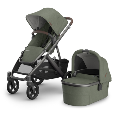 UPPAbaby Vista V3 Stroller Evelyn Meadow Green Graphite Frame Chestnut Leather