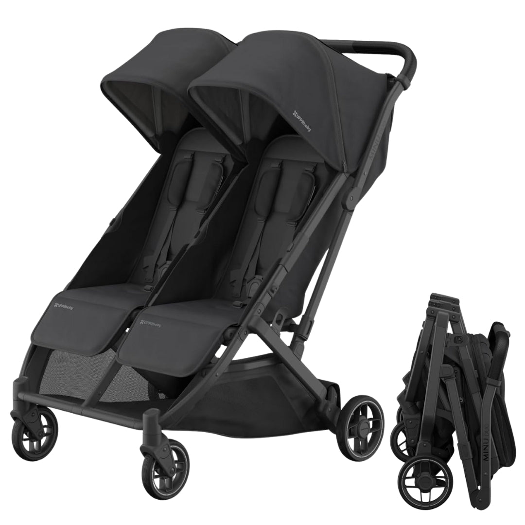 UPPAbaby Minu Duo Stroller Jake Charcoal Carbon Frame Black Leather