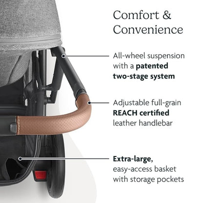 UPPAbaby Cruz V2 Stroller Greyson Charcoal Mélange Carbon Frame Saddle Leather