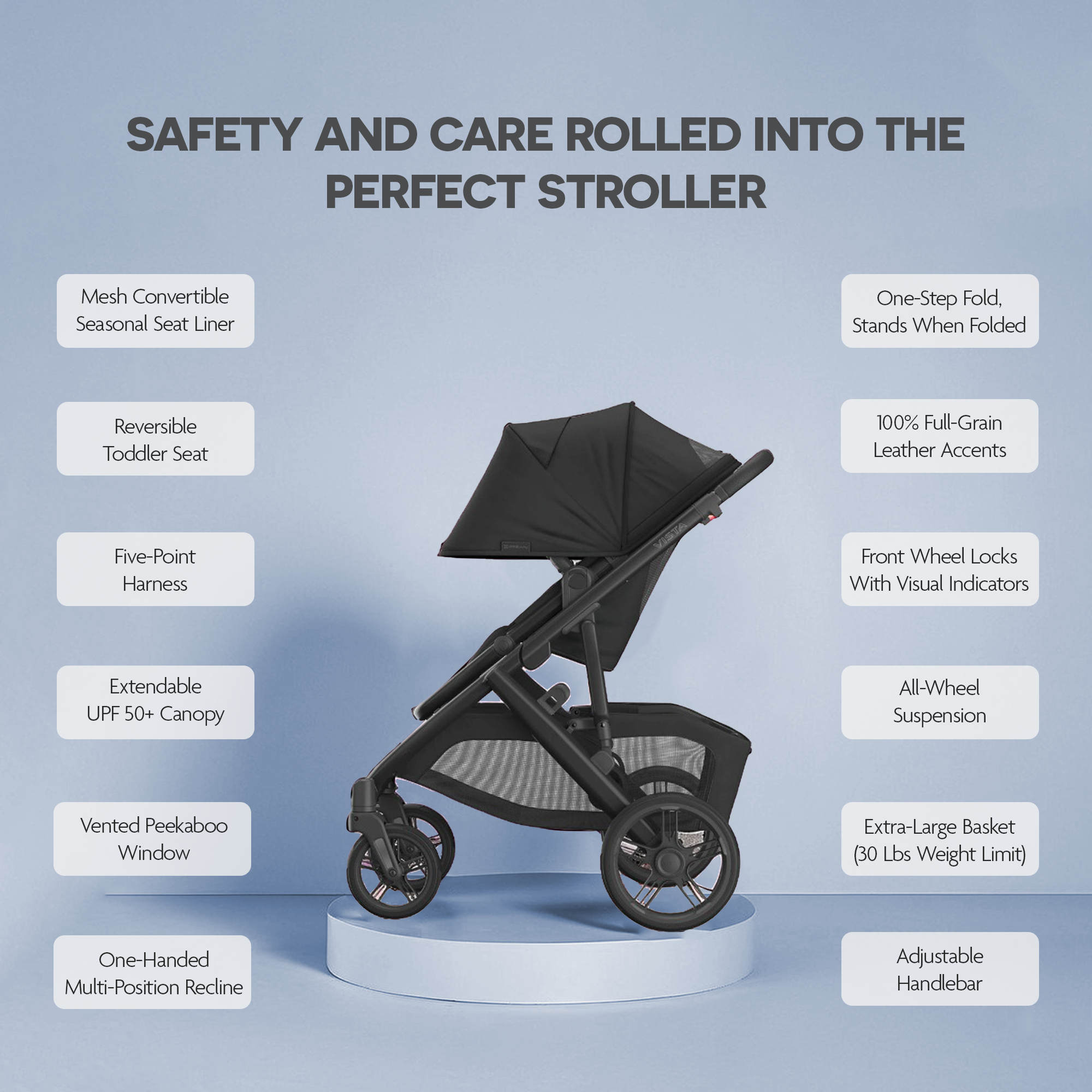 UPPAbaby Vista V3 Stroller Dillan Stone BlueCarbon Frame Sand Leather