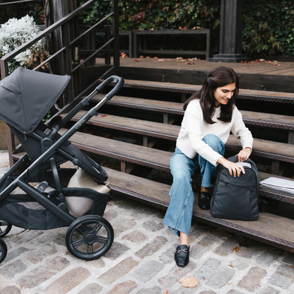 UPPAbaby Vista V3 Stroller Dillan Stone BlueCarbon Frame Sand Leather